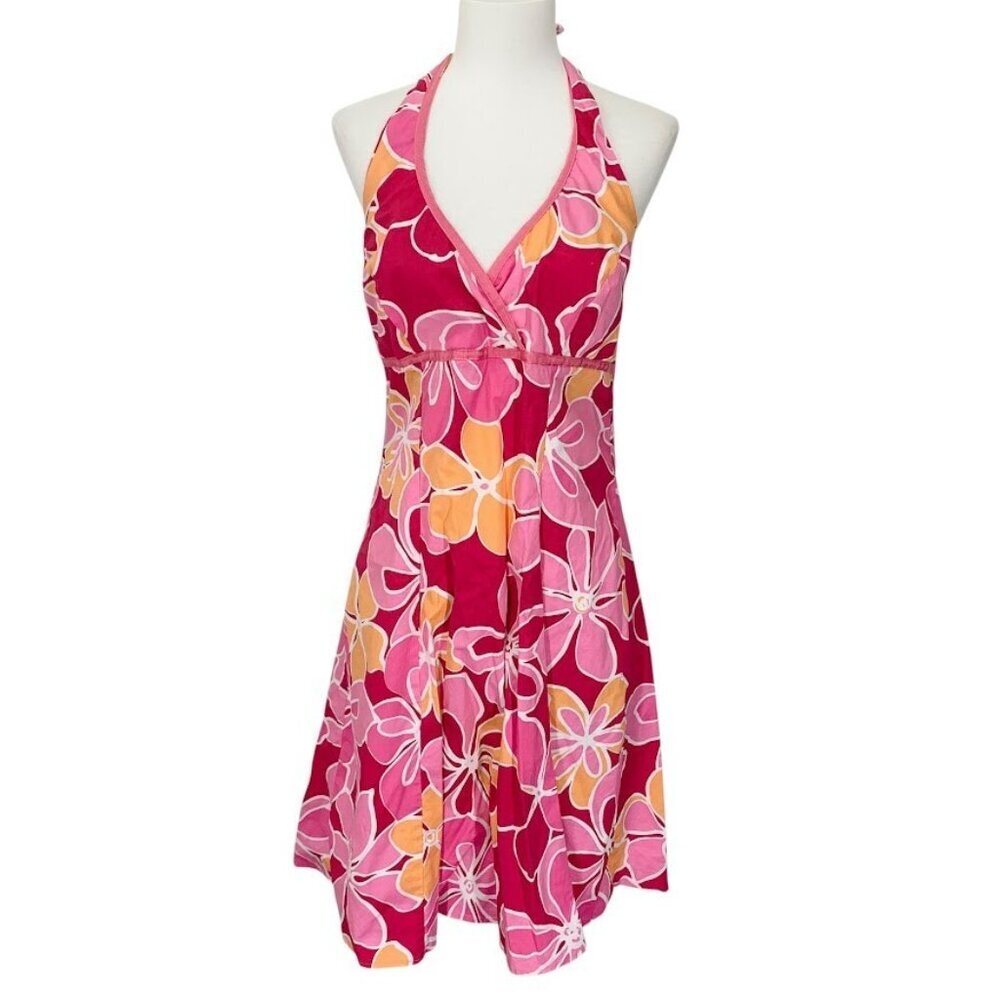 Womens Babydoll Halter Dress Size 7 Stretch Pink Orange Cotton Floral Sundress